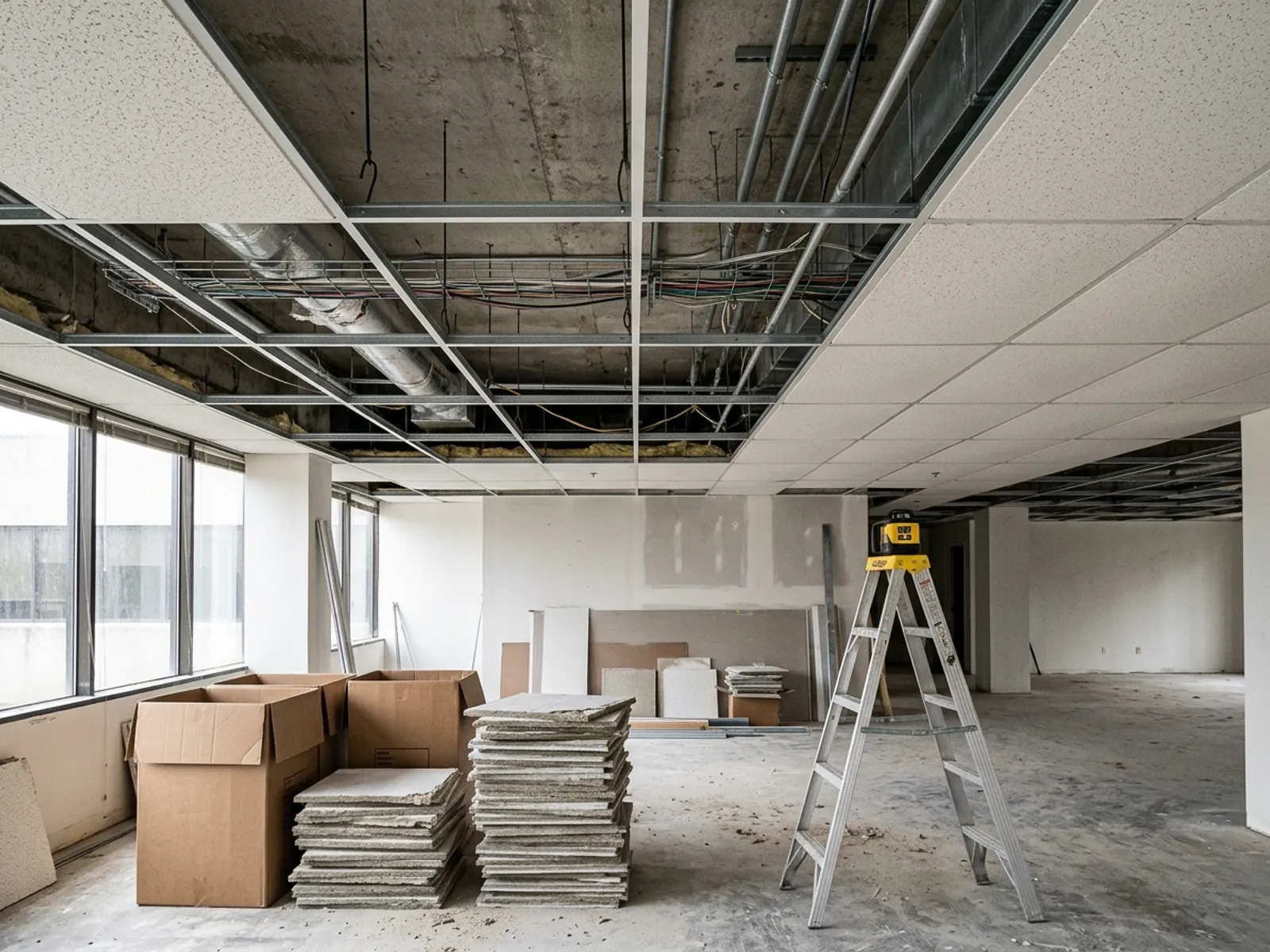 Dépose d’un faux plafond modulaire laissant apparaître l’ossature suspendue