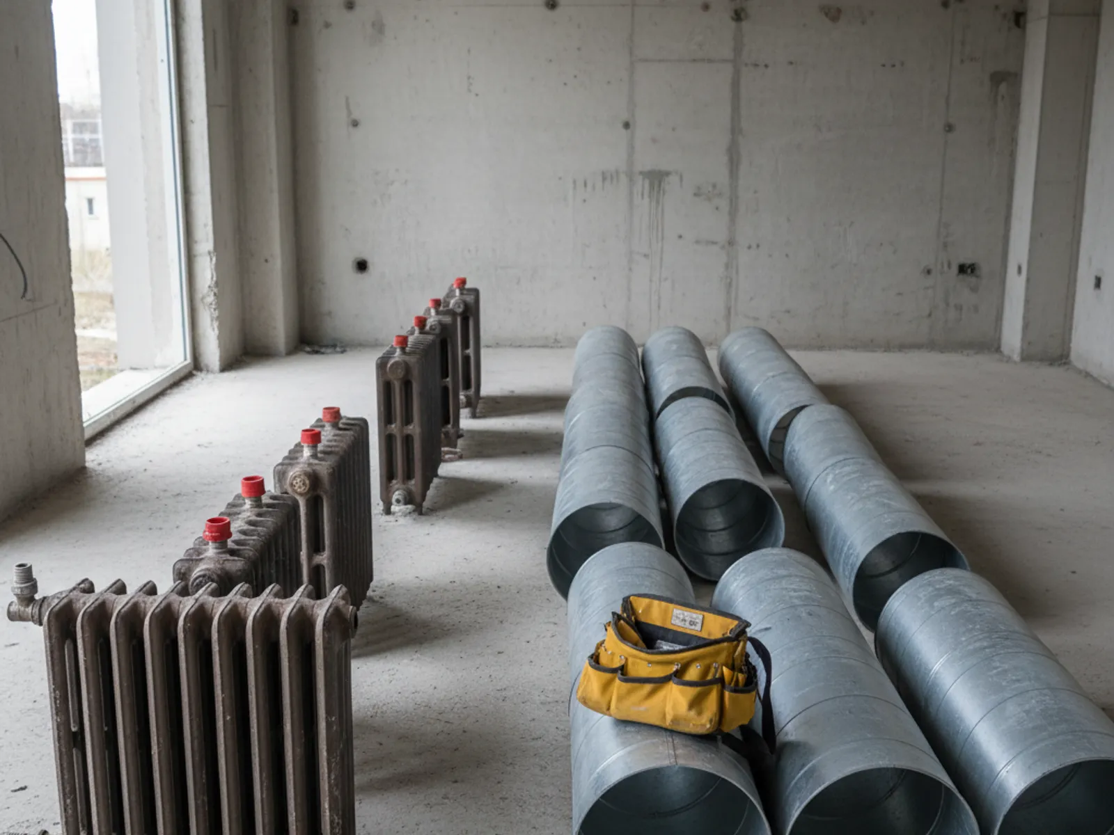 Radiateurs en fonte et gaines de ventilation déposés au sol après consignation
