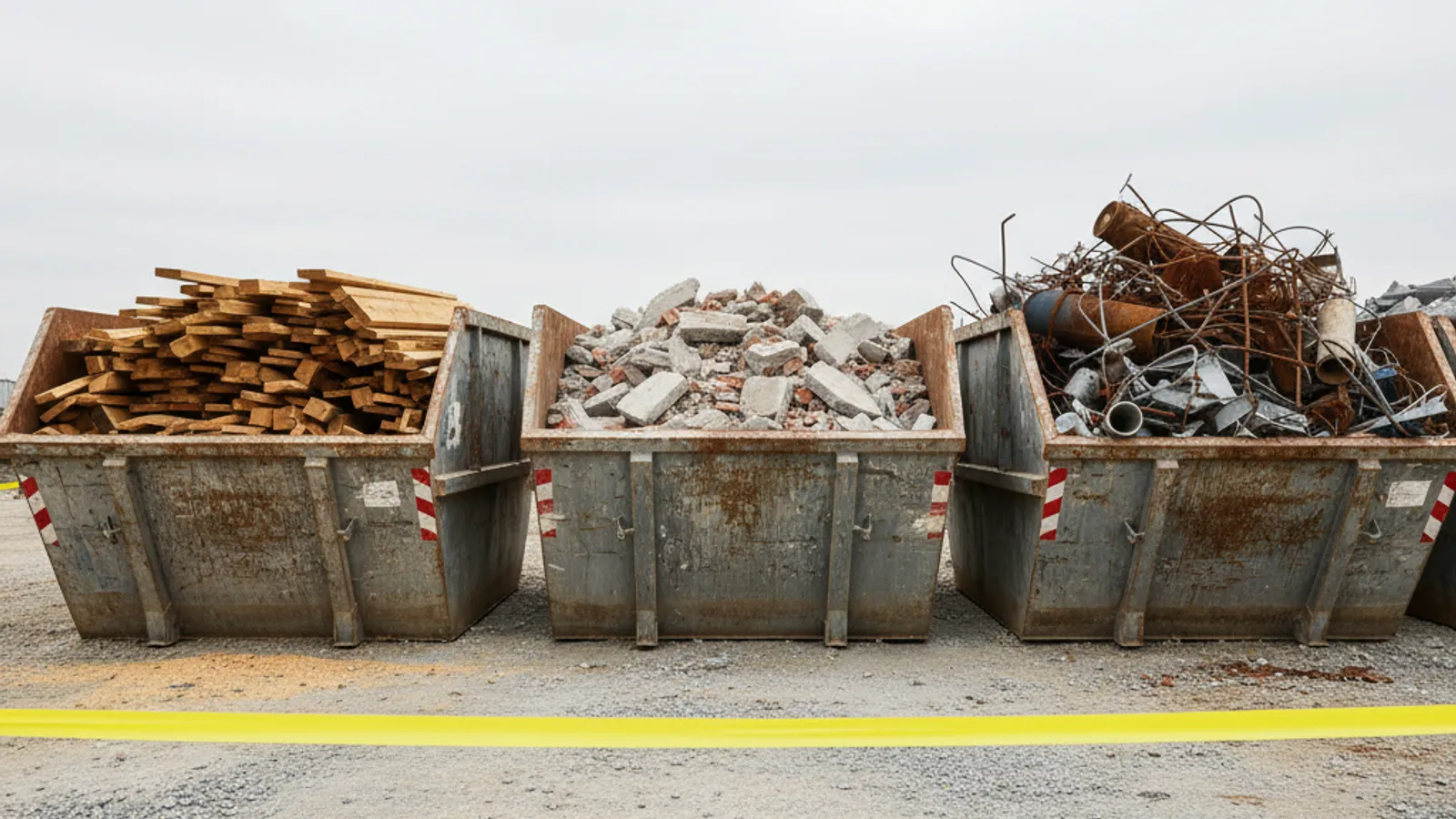 Bennes de chantier avec tri sélectif distinct pour le bois, les gravats minéraux et les métaux