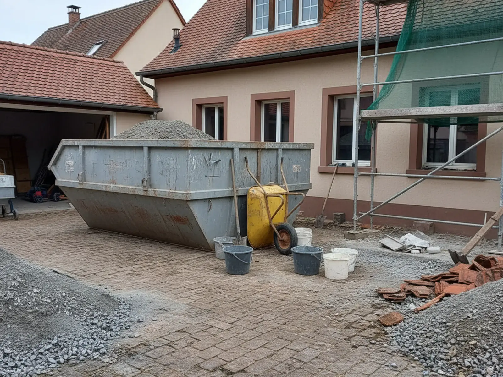 Benne de chantier dans la cour d’une maison de bourg, illustration pour un curage à Schirmeck