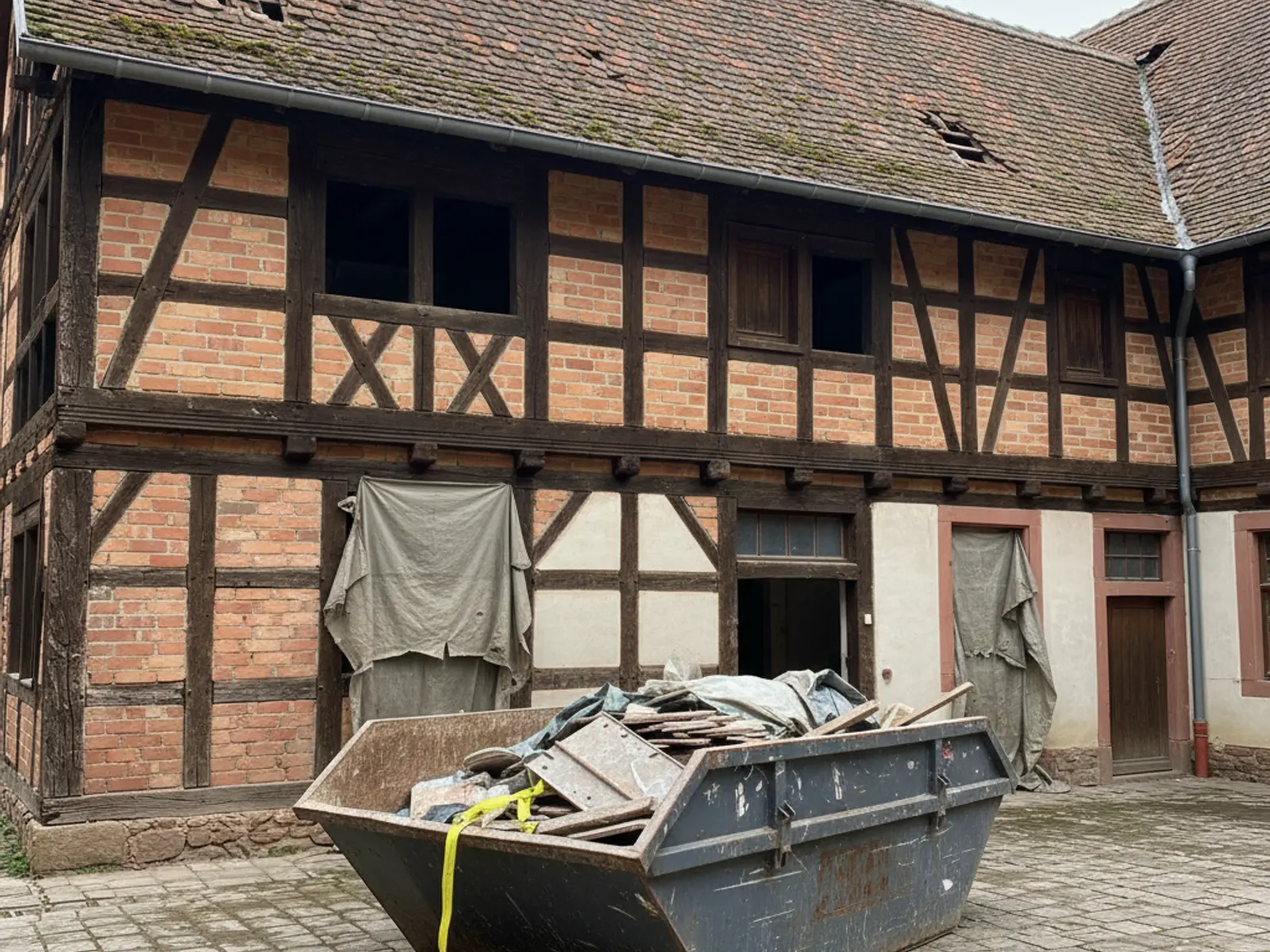 Benne de chantier dans la cour d’un corps de ferme, illustration pour un curage à Eschwiller