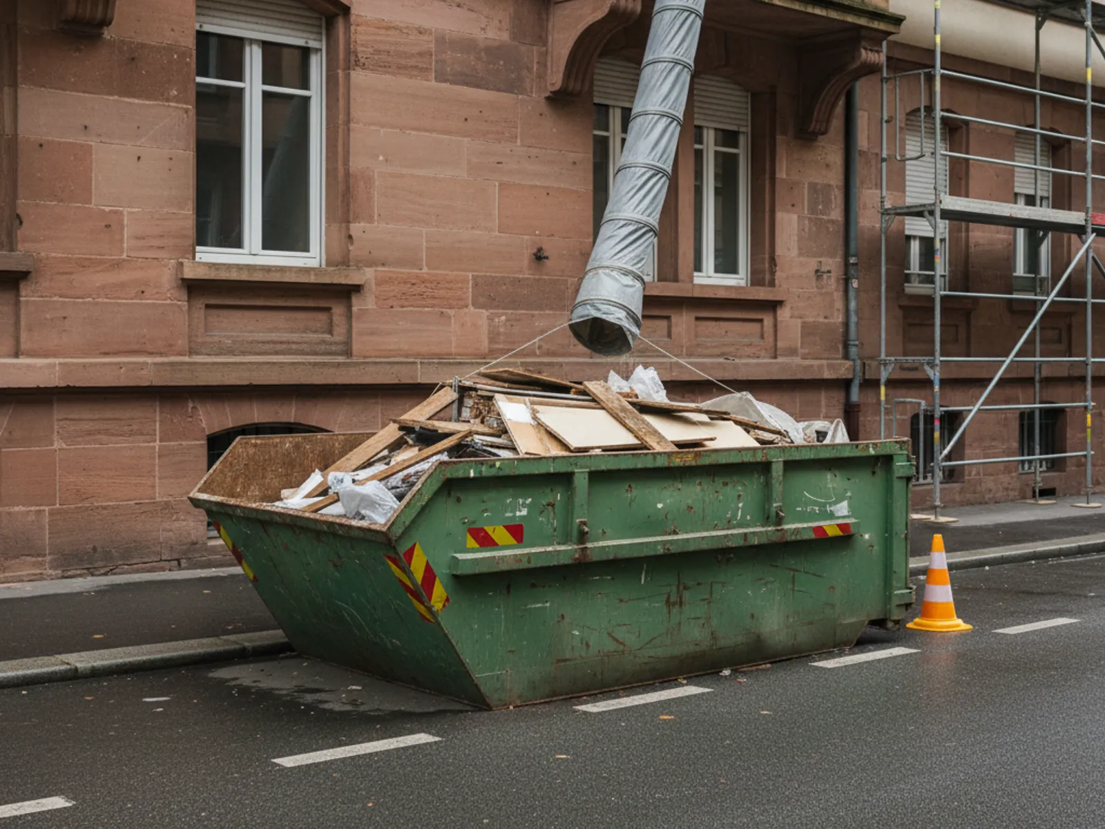 Benne de chantier devant un immeuble, illustration pour un curage à Oberhausbergen